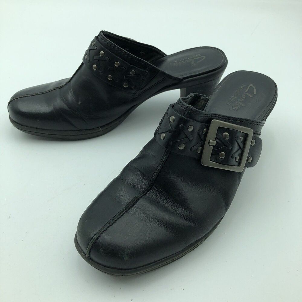 Clarks Bendables Shoes Buckle Mules Clogs Heels 83544 Black Leather 7.5 M